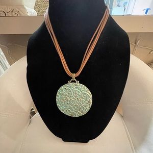 Gorgeous Brass and suede necklace reversible gold and sea green